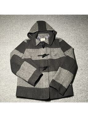Old Navy Toggle Coat Jacket Women Small Gray Black Striped Wool Blend Hooded